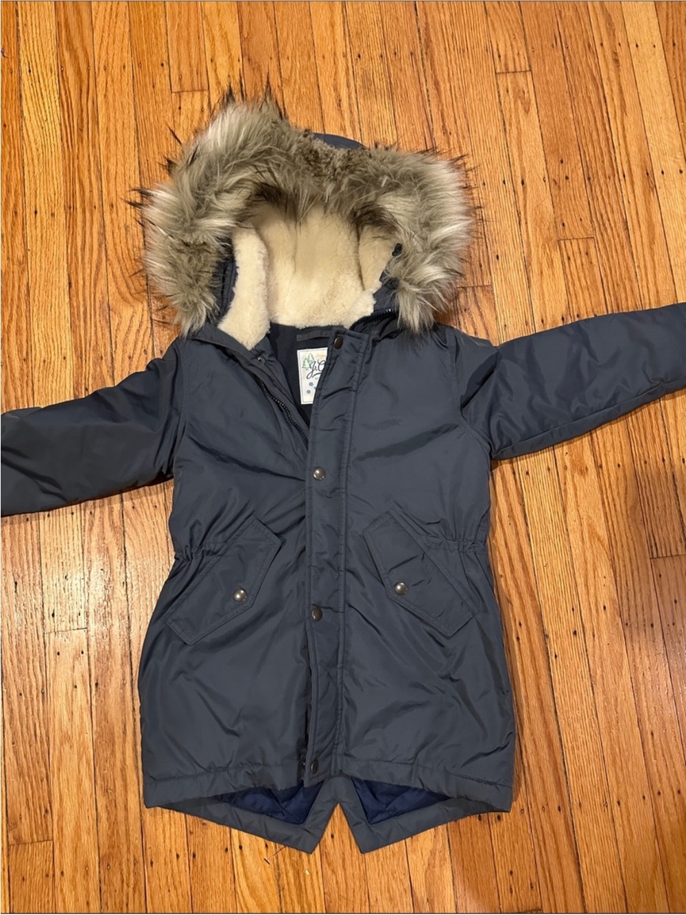 J. Crew Kids Navy Hooded Puffer Coat with Faux-Fur Trim